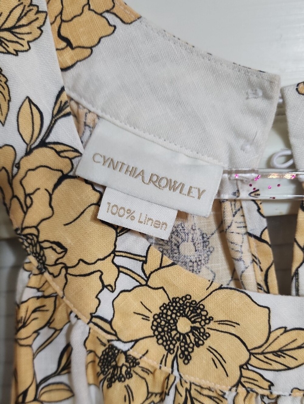 Cynthia Rowley Women's Cream Floral Linen Dress with Golden Yellow Print - Picture 2 of 9